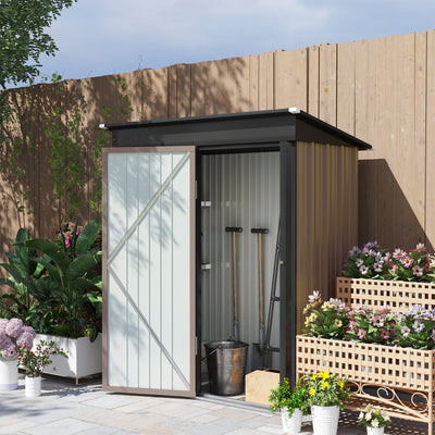 The brown metal shed against a fence with its door open, showing long-handled tools and a bucket stored inside