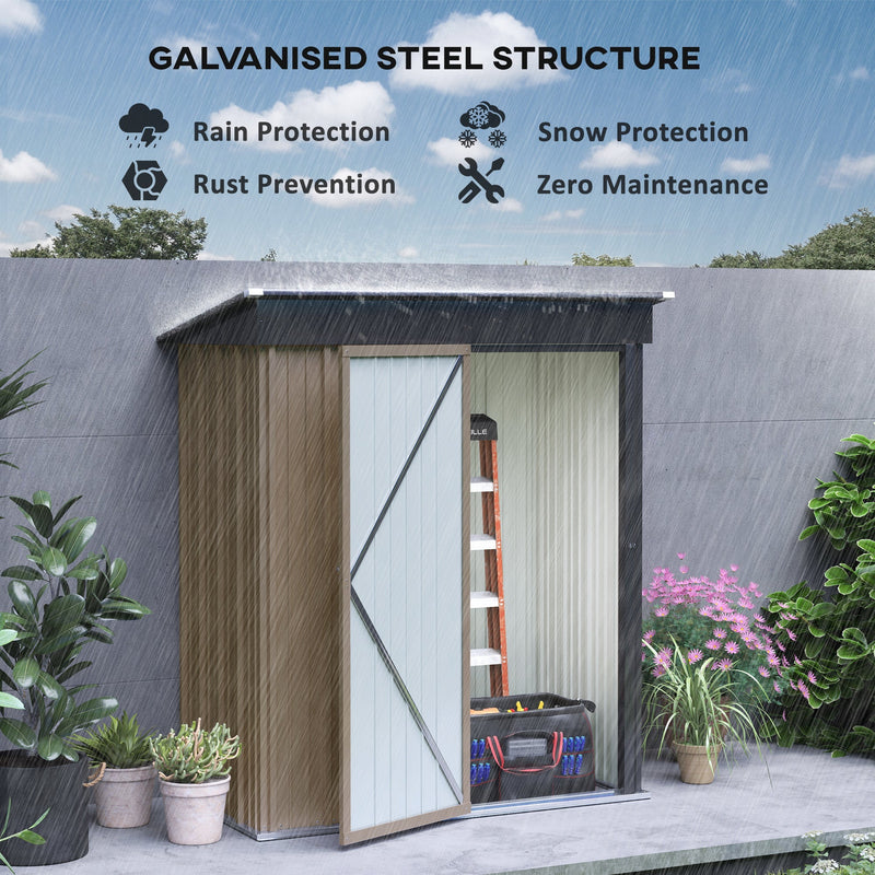 The galvanised steel shed roof in heavy rain, labelled for rain protection, snow protection and rust prevention