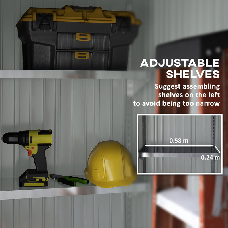 Close-up of an adjustable interior shelf holding a drill and a hard hat, with the shelf measured at 0.58 x 0.24 m
