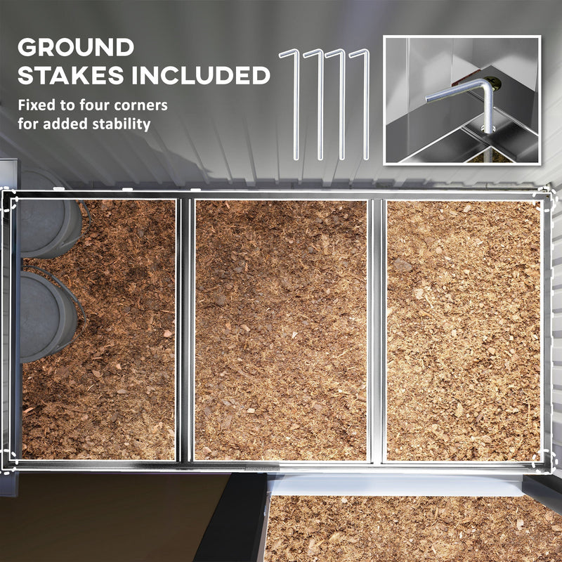 The four included ground stakes shown fixed through the shed base corners into the ground