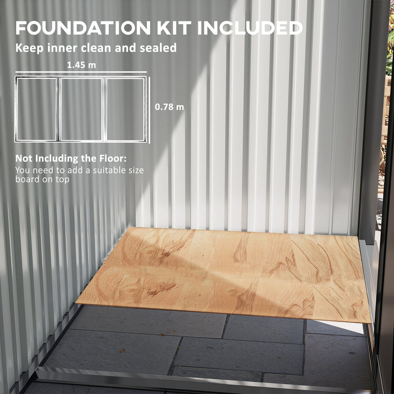 The included foundation kit frame measuring 1.45 x 0.78 m, with a wooden floor board laid on top
