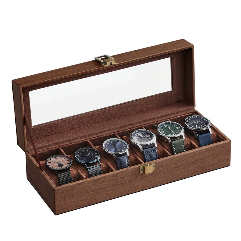 Brown watch box with the glass lid open showing 6 watches in padded slots