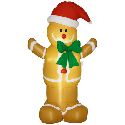 6ft inflatable gingerbread man in a Santa hat and green bow tie on a white background