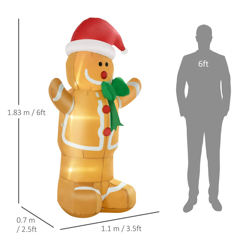 Dimensions diagram of the 6ft inflatable gingerbread man: 183 cm high, 110 cm wide, 70 cm deep