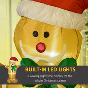 Close-up of the gingerbread man's face and Santa hat with built-in LED lights label