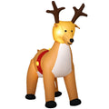 Brown inflatable reindeer with dark antlers, a white chest and a red harness on a white background