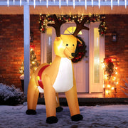 Lit inflatable reindeer in front of a front door with Christmas lights and a wreath