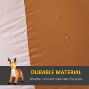 Close-up of brown and white fabric with water droplets and a Durable Material callout