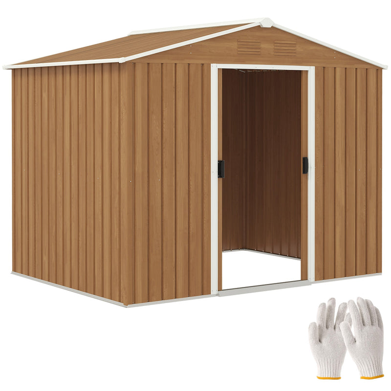Brown wood effect 8x6ft Outsunny metal garden shed with apex roof and sliding doors open