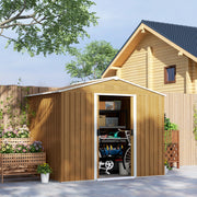 Brown shed on a patio beside a timber cabin, door open showing bikes and shelving