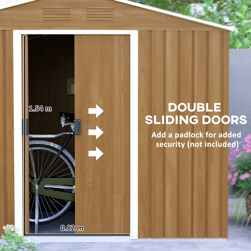 Double sliding doors sliding open on the brown shed front, with a bike stored inside