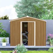 Front view of the brown shed on a paved base with one sliding door part open