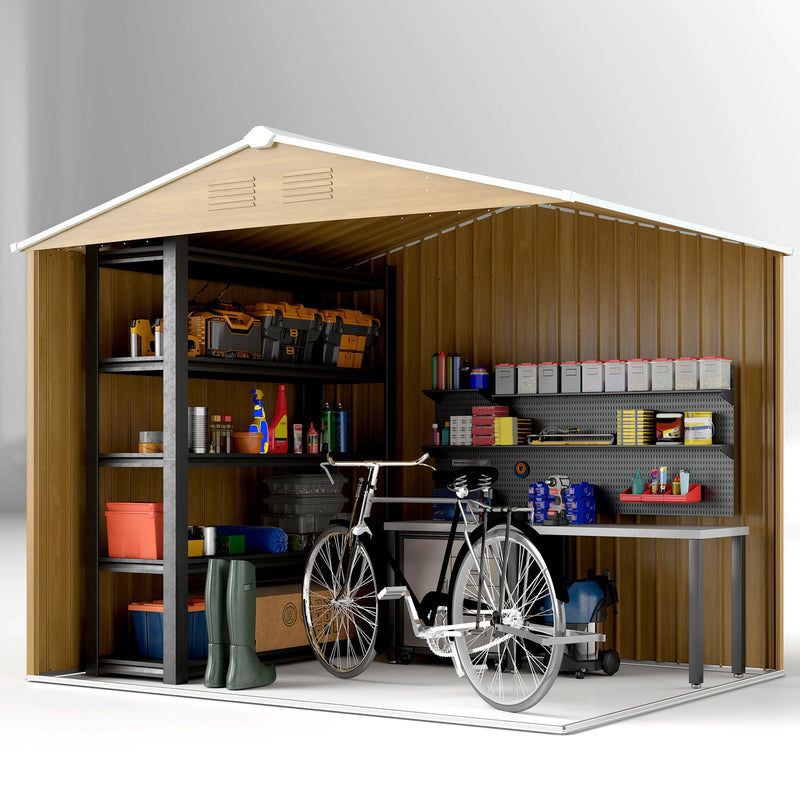 Cutaway view of the shed interior staged with shelving, a workbench, a bike and tools