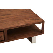 Close-up of acacia wood grain and stainless steel leg detail