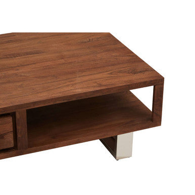 Close-up of acacia wood grain and stainless steel leg detail