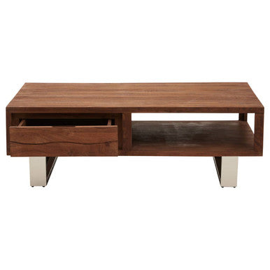 Brown acacia wood coffee table with drawer and shelf, studio shot