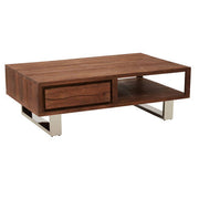 Brown acacia wood coffee table, studio front angle