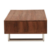 Brown acacia wood coffee table, studio side angle