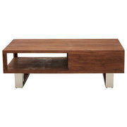Brown acacia wood coffee table drawer open, studio shot