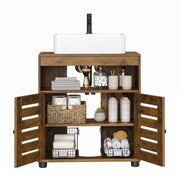 Rustic brown Vasagle bathroom cabinet fitted around pedestal sink