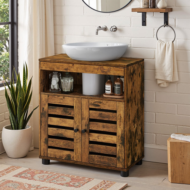 Close-up of louvred door slats on bathroom cabinet