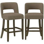 Set of 2 brown chenille counter height bar stools with open backs and footrests on a white background