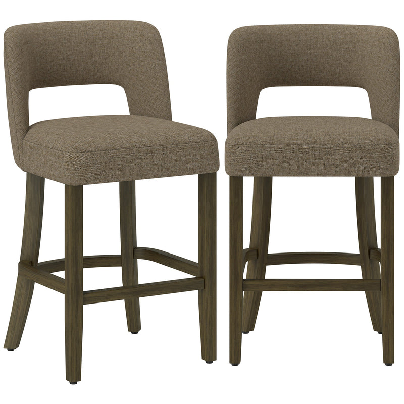 Set of 2 brown chenille counter height bar stools with open backs and footrests on a white background