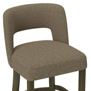 Close-up of the brown chenille seat and open backrest of the bar stool