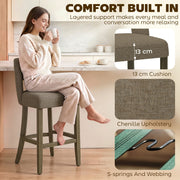 Woman on a brown bar stool with labels for 13 cm cushion, chenille fabric and S-springs