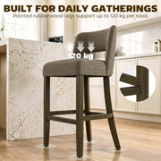 Brown bar stool with a 120 kg weight capacity label at a marble counter