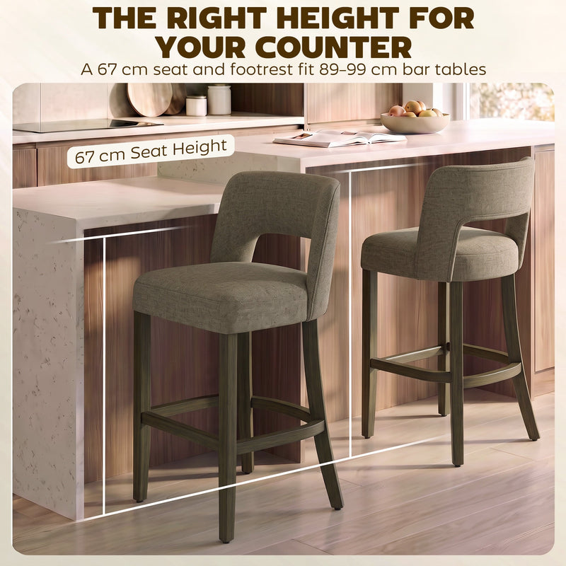 Two brown bar stools at a counter showing the 67 cm seat height for 89-99 cm bar tables