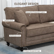 Rolled arm and nailhead trim detail on brown polyester fabric sofa