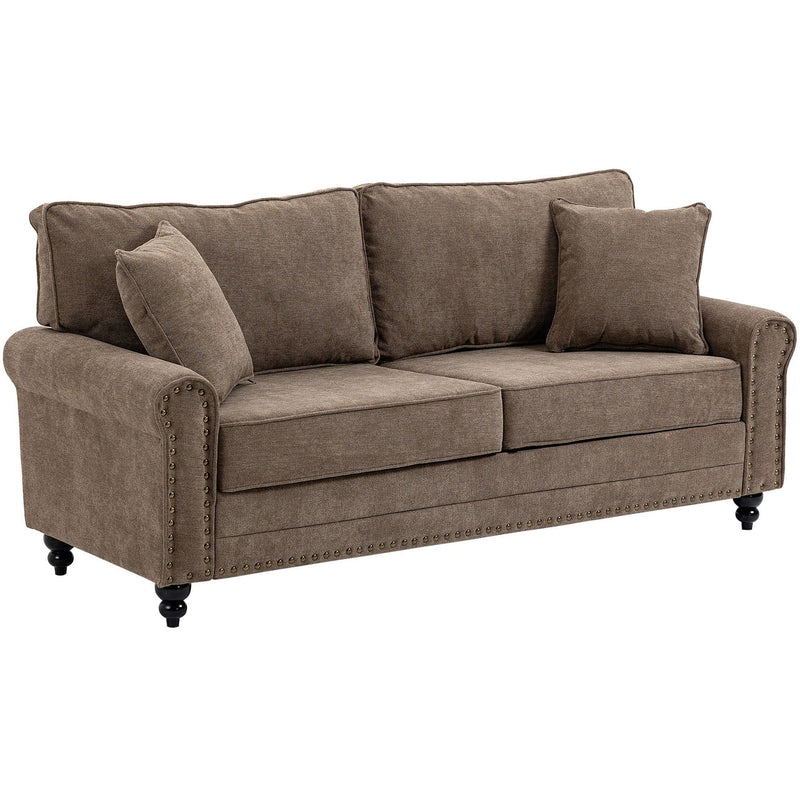 Brown fabric sofa with three back cushions and matching pillows, angled view
