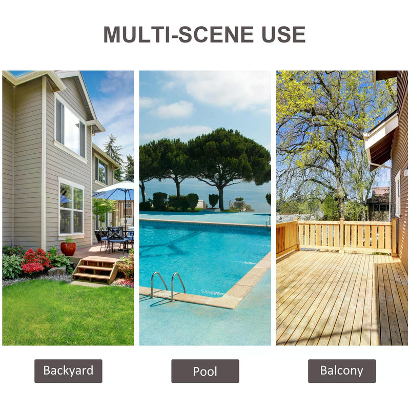 Three scenes showing the rattan bistro set suited to a backyard, a poolside and a balcony