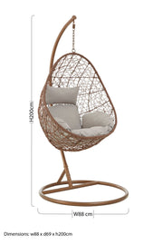 Dimensions diagram for the brown rattan hanging chair, 200H x 69D x 88W cm