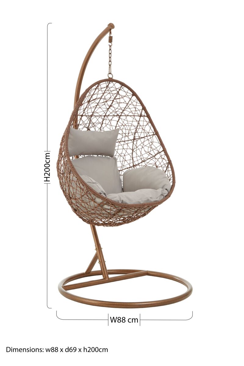 Dimensions diagram for the brown rattan hanging chair, 200H x 69D x 88W cm