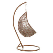 Front view of the brown rattan effect hanging chair on a plain background