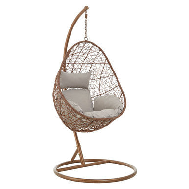 Brown rattan effect hanging chair with grey cushion, plain background