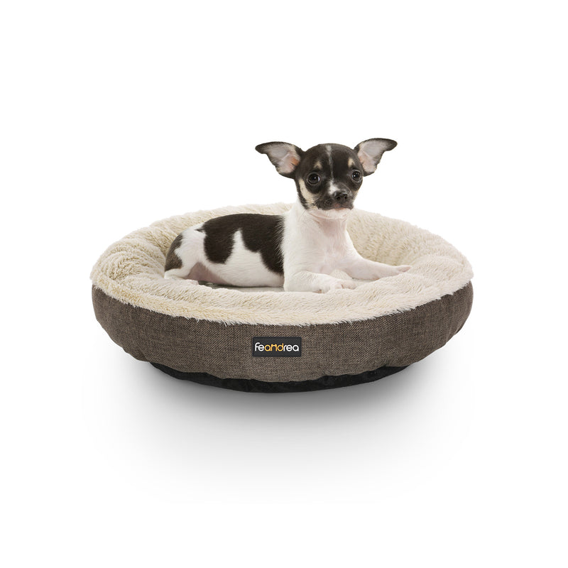 Side view of the brown dog bed showing the linenette outer fabric