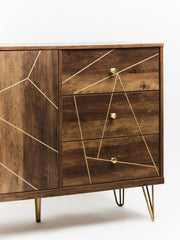In-box parts and components for the brown sideboard with hairpin legs