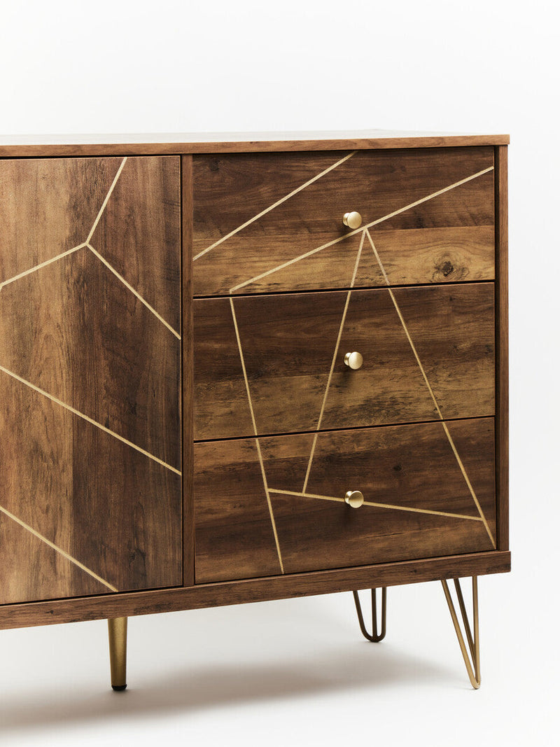 In-box parts and components for the brown sideboard with hairpin legs