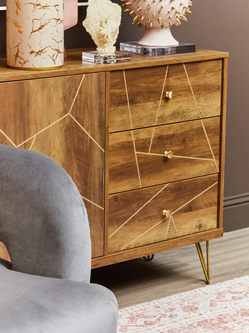 Brown geometric pattern sideboard with hairpin legs in a lifestyle setting