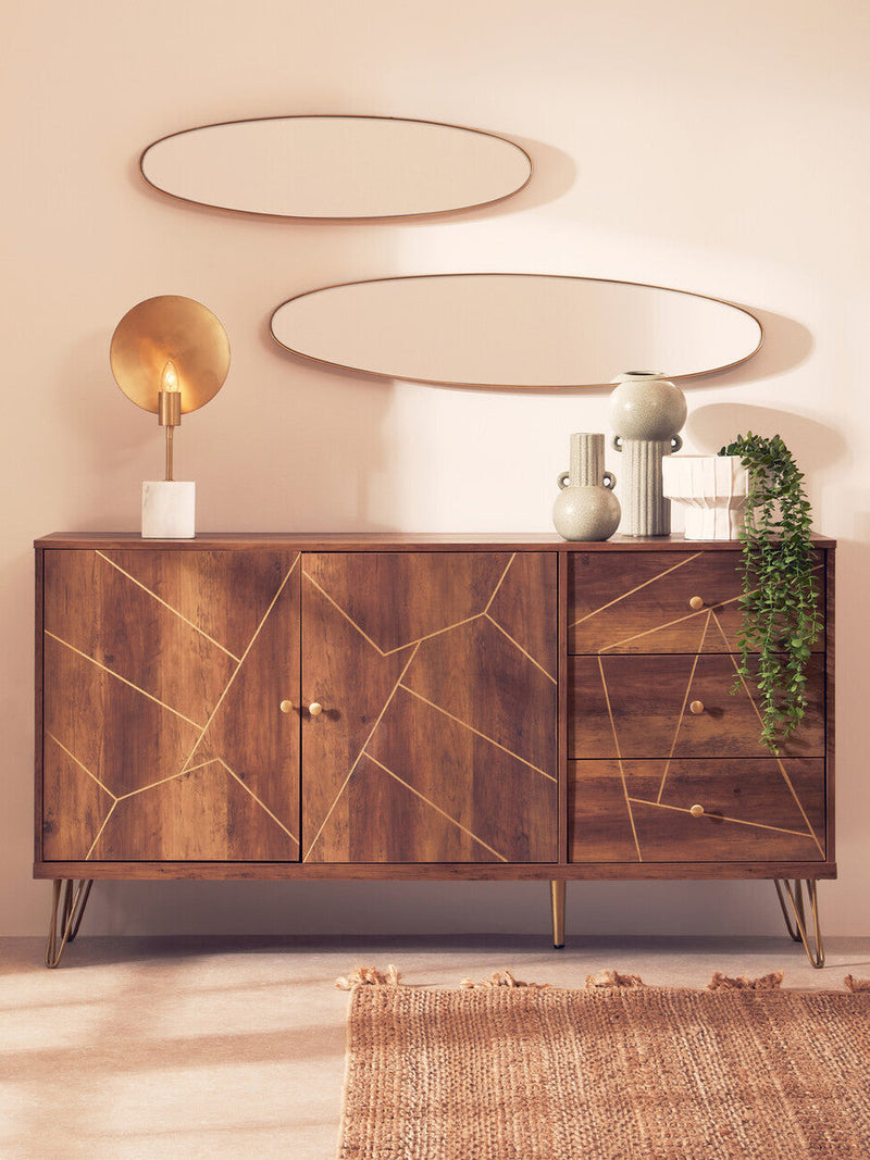 Brown geometric pattern sideboard with hairpin legs in a lifestyle setting