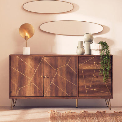 Brown geometric pattern sideboard with hairpin legs in a lifestyle setting