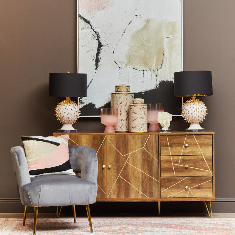 Brown geometric pattern sideboard with hairpin legs in a lifestyle setting