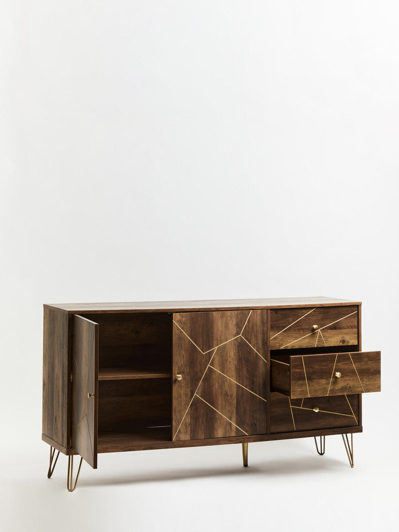 In-box parts and components for the brown sideboard with hairpin legs