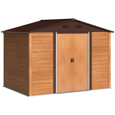 Studio front view of the wood effect brown 9x6ft Outsunny metal shed with doors closed