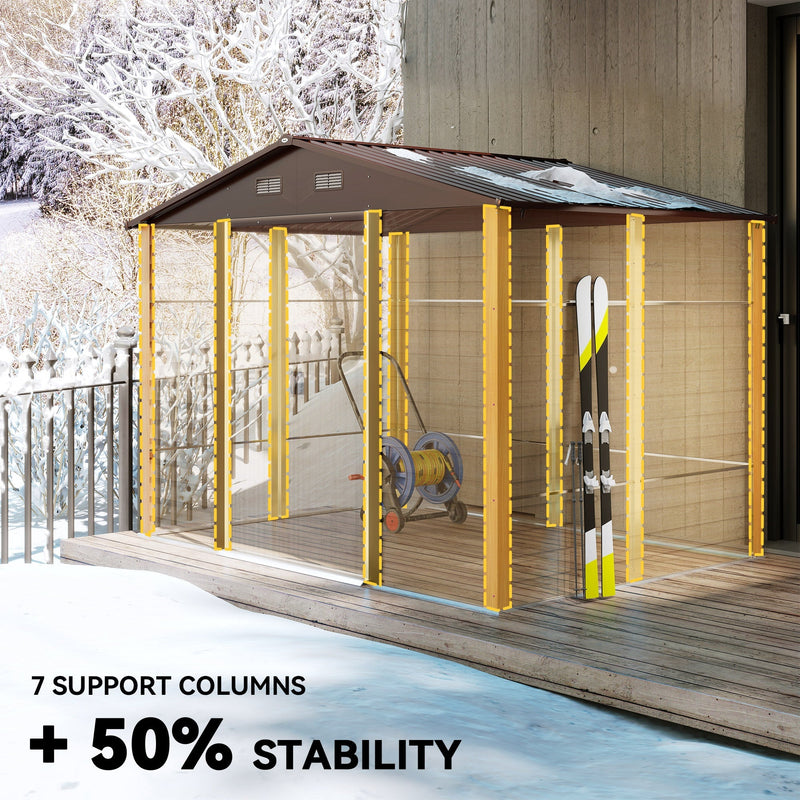 Wood effect shed standing in snow with its seven internal support columns highlighted