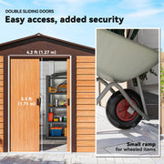 Double sliding doors on the shed, a 127 cm wide opening with a small threshold ramp