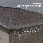 Rain running off the apex roof of the shed with the drainage rain holes marked